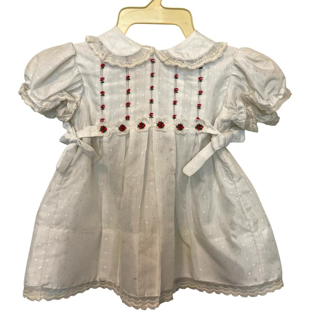 Vintage Polly Flinders Hand Smocked Dress White Red Rose 12M